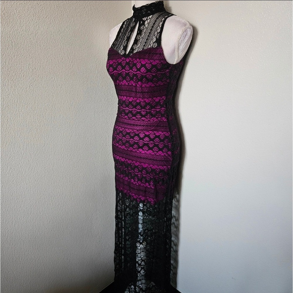 Fredericks of Hollywood Black Lace Magenta Maxi Dress Halter